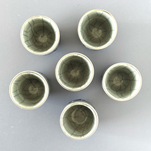 Vintage Sake Pitchers & 6 Cups Japan Somaware Somayaki Crackle Gold Horse Hearts - Picture 11 of 16